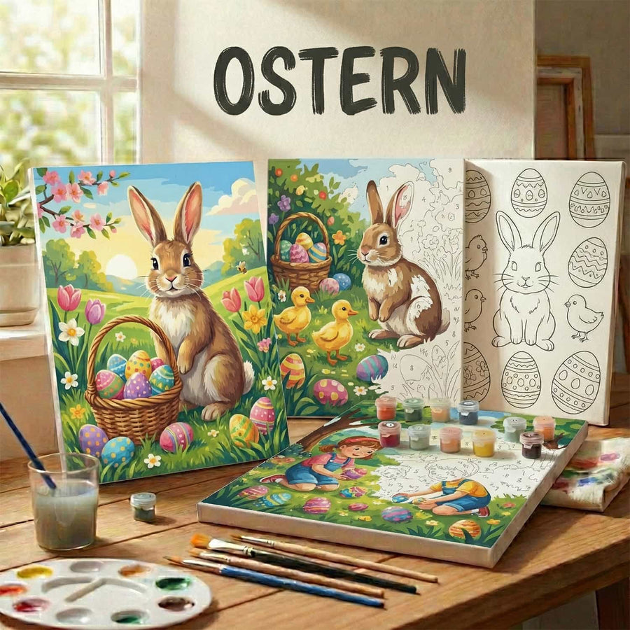 Bunny with painted Easter eggs in a grassy field