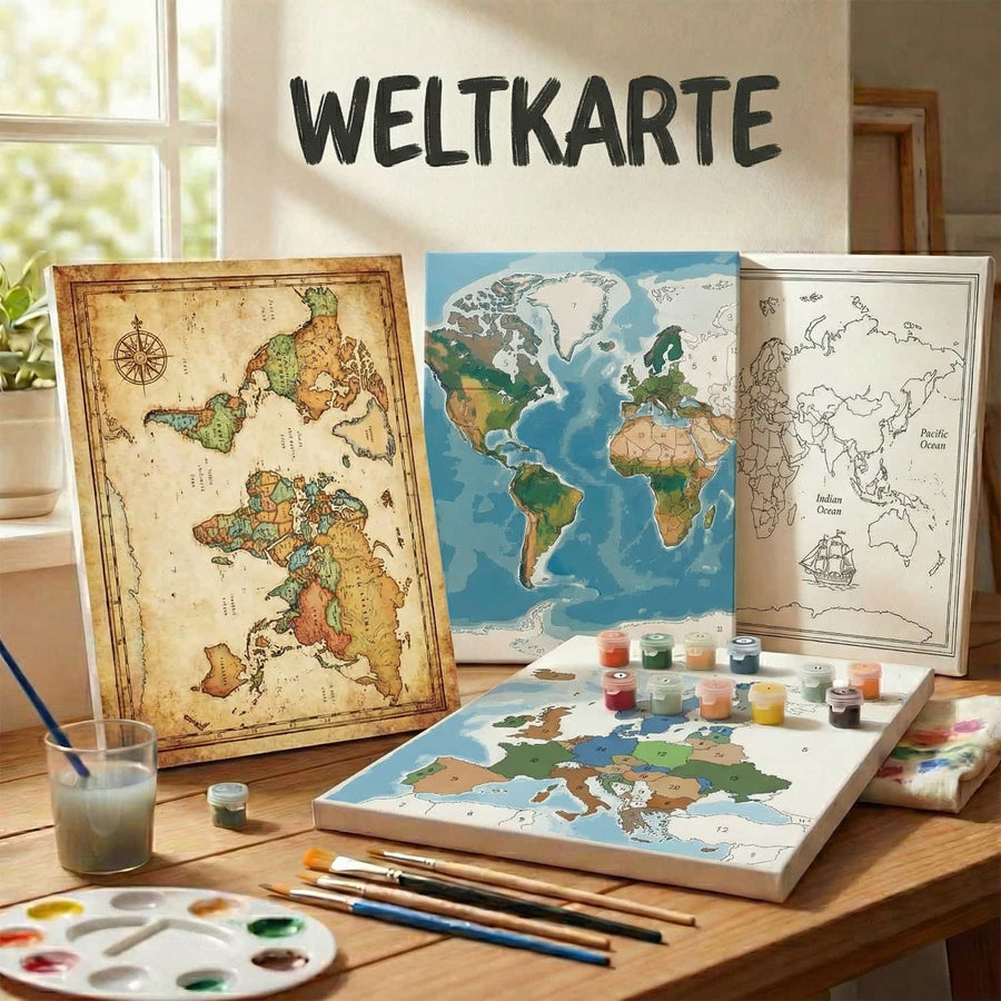 Colorful watercolor world map on canvas.