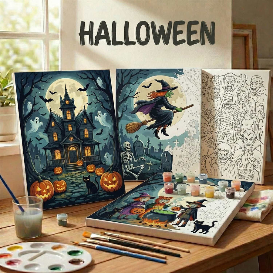 Elves carving a giant pumpkin lantern under the moonlight for Halloween decoration