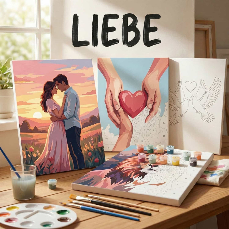 Heart-shaped red tree in a vibrant field under a cloudy sky