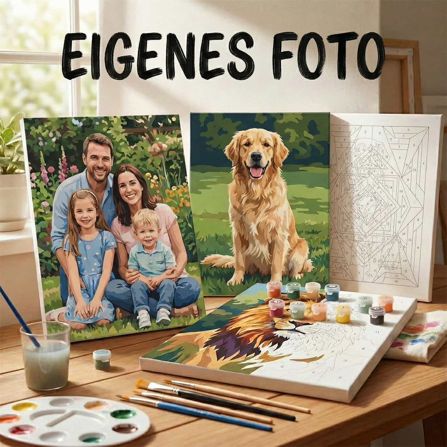 Red-haired woman painting a portrait on a canvas in a cozy, creative studio with DIY text overlay