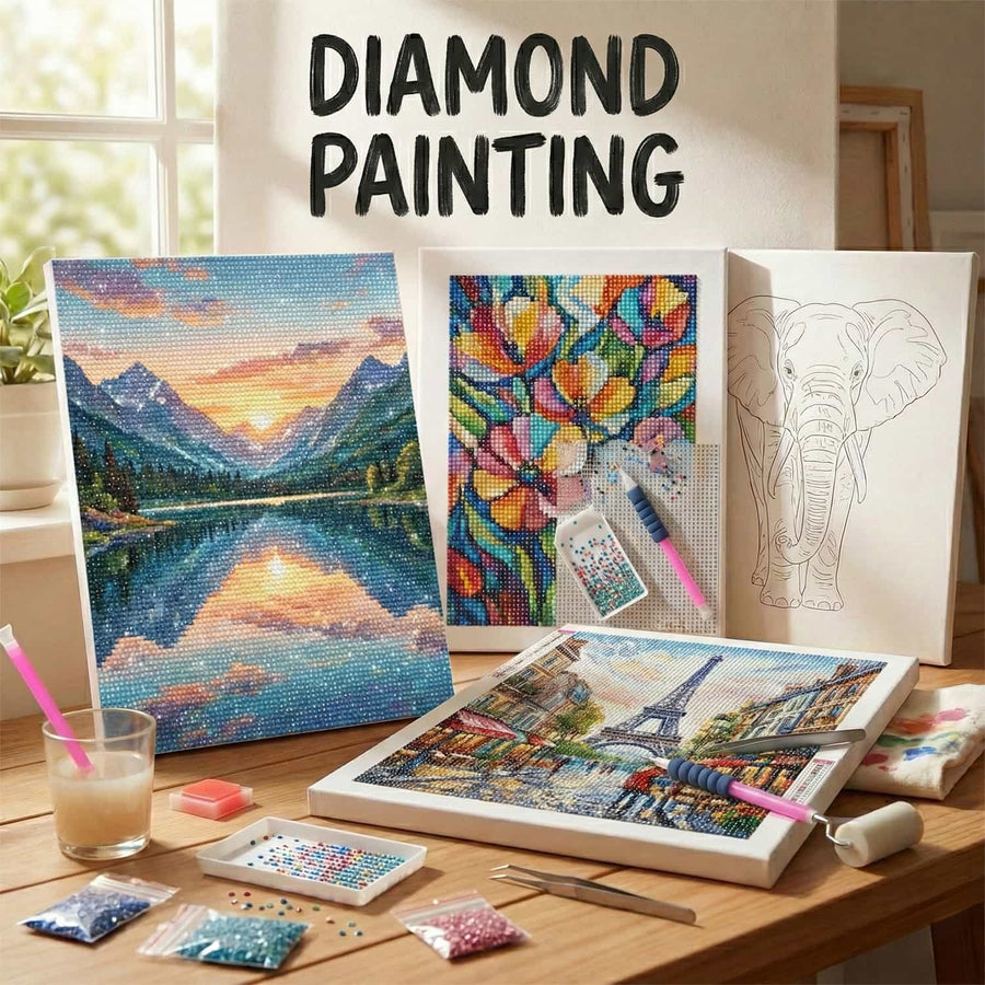 Diamond painting of Starry Night above a modern white and blue sofa, showcasing a detailed close-up of the diamond art.