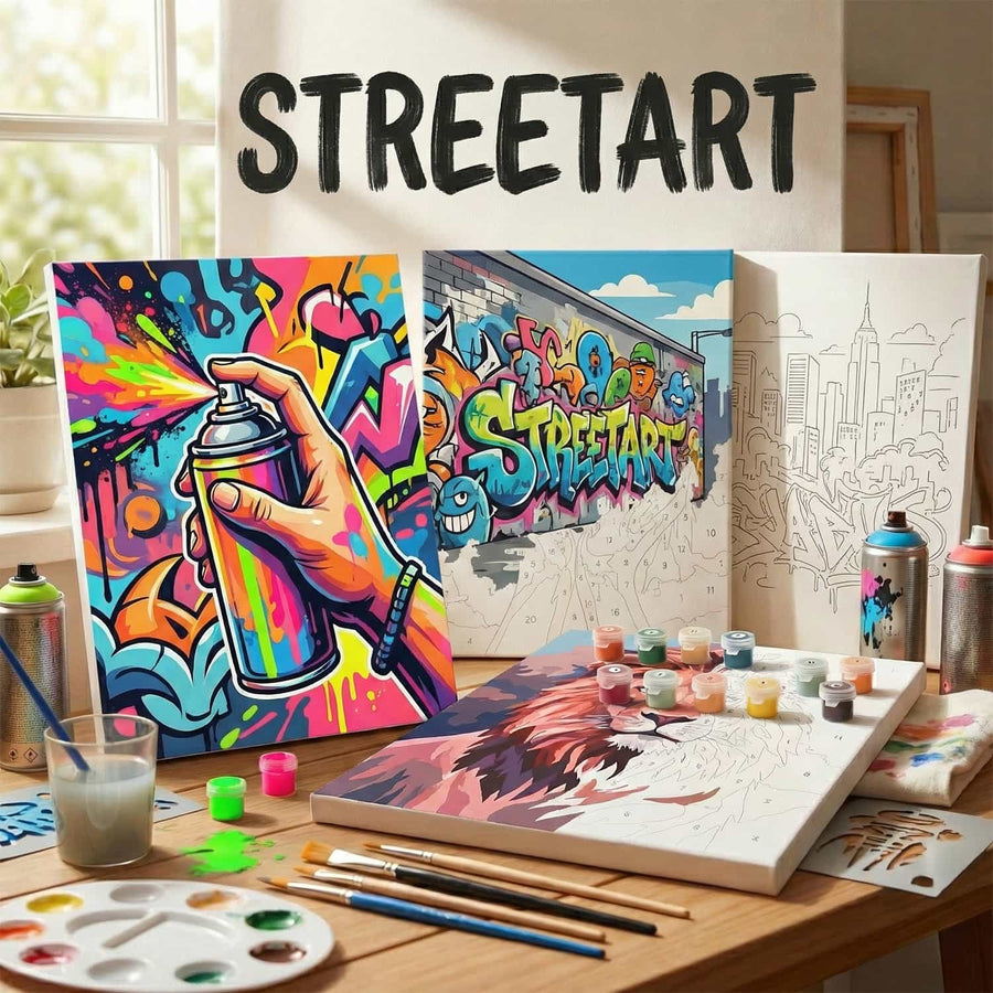 Modern street art painting hanging in a minimalist living room with a white chair and dried pampas grass.