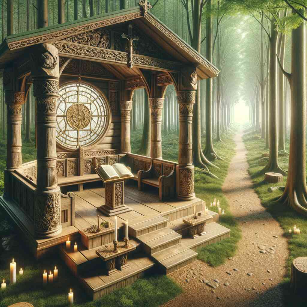 Forest sanctuary with detailed wooden altar, candles, and a pathway leading through the trees