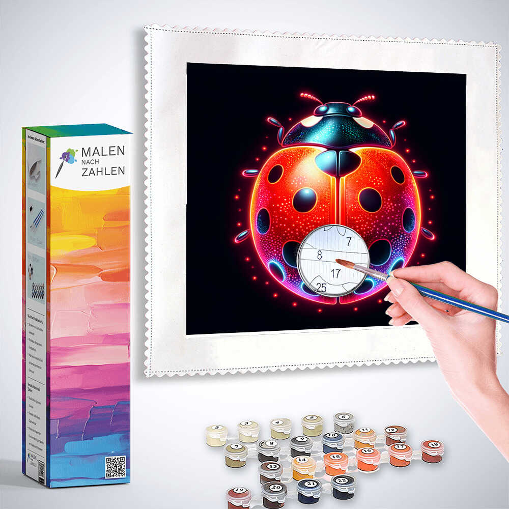 Painting by numbers kit with a vibrant ladybug design, including paintbrush, paints, and framed canvas from Malen nach Zahlen.