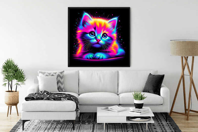 Neon-Wunderkätzchen Malen nach Zahlen Kunstwerk über weißem Sofa in modernem Wohnzimmer