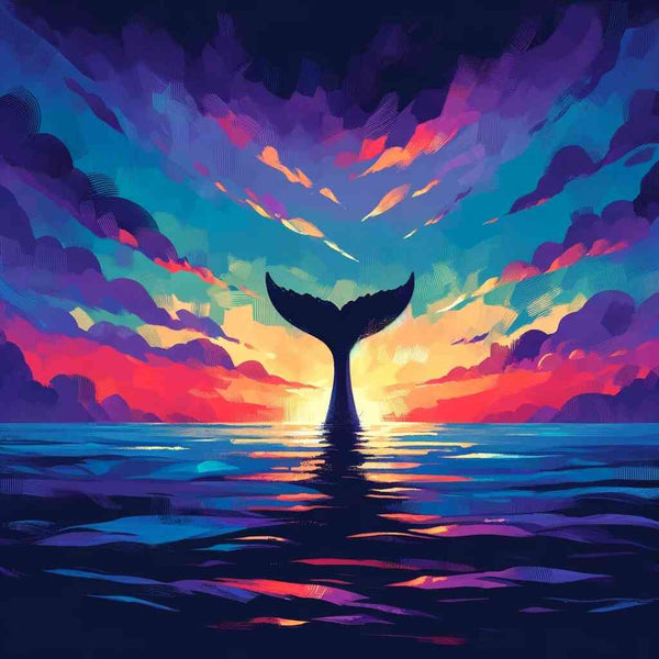 Stunning sunset over the ocean with a whale tail emerging from the water, vibrant colors illuminating the sky.