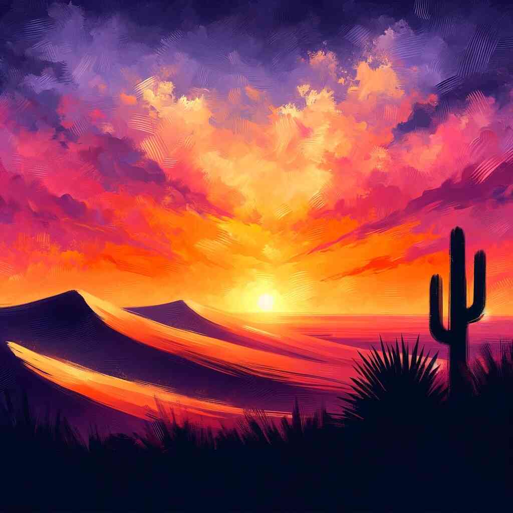 Malen nach Zahlen Set Wüstenhimmel Flamme mit Sonnenuntergang, Sanddünen und Kaktus in intensiven Farben