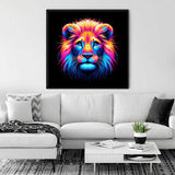 Neon lion painting on living room wall above white sofa, modern decor with plants and geometric rug.