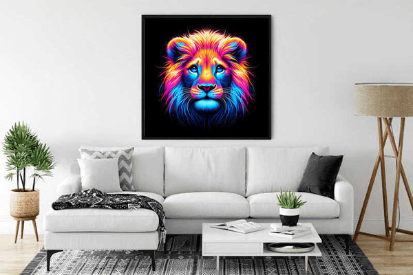 Neon lion painting on living room wall above white sofa, modern decor with plants and geometric rug.