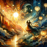 Dreamlike cosmic painting with elegant couple against colorful celestial and lantern-lit backdrop