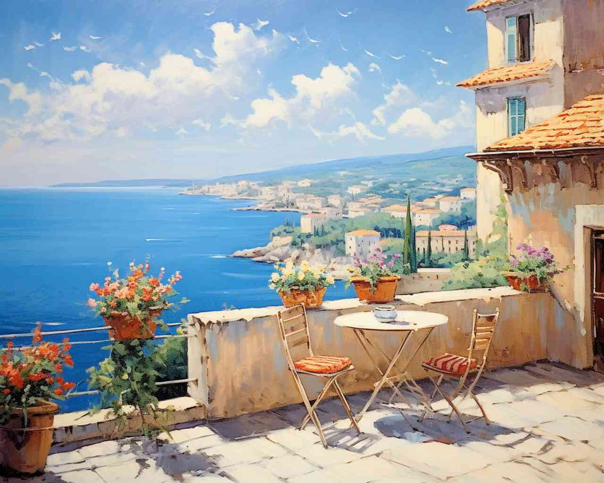 Malen nach Zahlen - Mediterrane Terrasse mit Blick auf Küstenlandschaft, blauer Himmel und blühende Blumen in warmen Orange- und Lilatönen