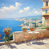 Malen nach Zahlen - Mediterrane Terrasse mit Blick auf Küstenlandschaft, blauer Himmel und blühende Blumen in warmen Orange- und Lilatönen