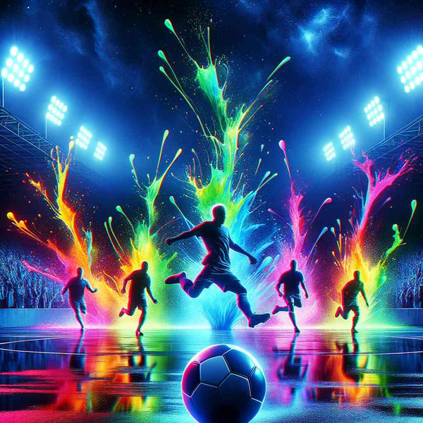 Soccer players with colorful splashes under stadium lights at night