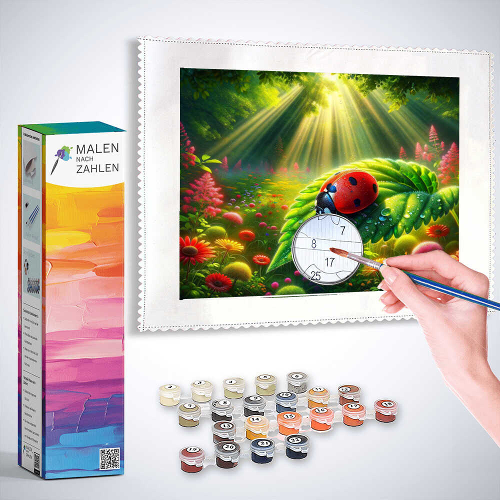 Paint by Numbers kit "Lichter des Lebens" with a ladybug, vibrant greens, sunlight, and colorful flora.