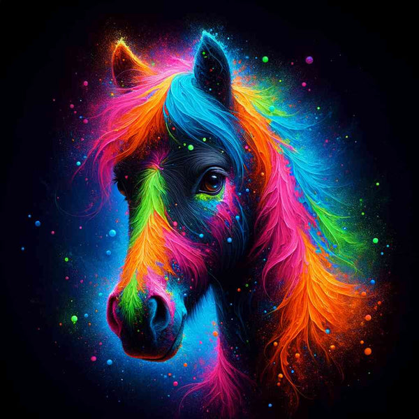 Vibrant cosmic horse painting in neon colors for Malen nach Zahlen art kit
