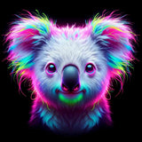 Neon-colored koala with vibrant fur against a black background