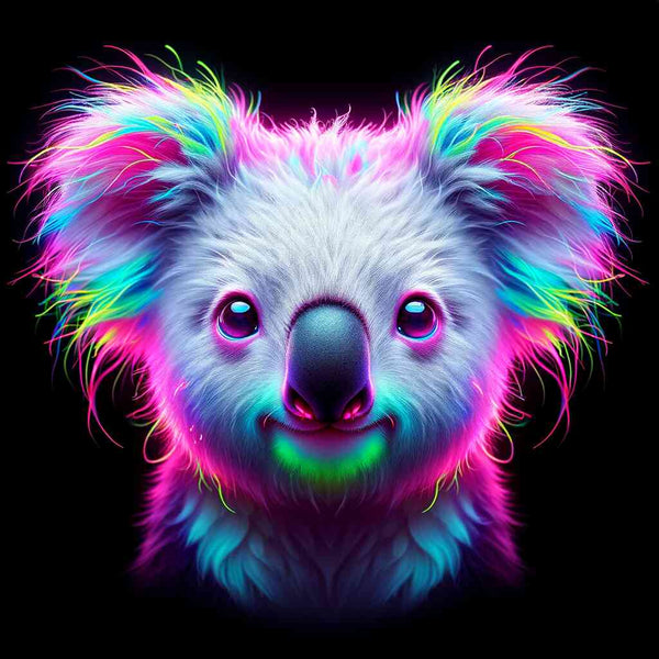 Neon-colored koala with vibrant fur against a black background