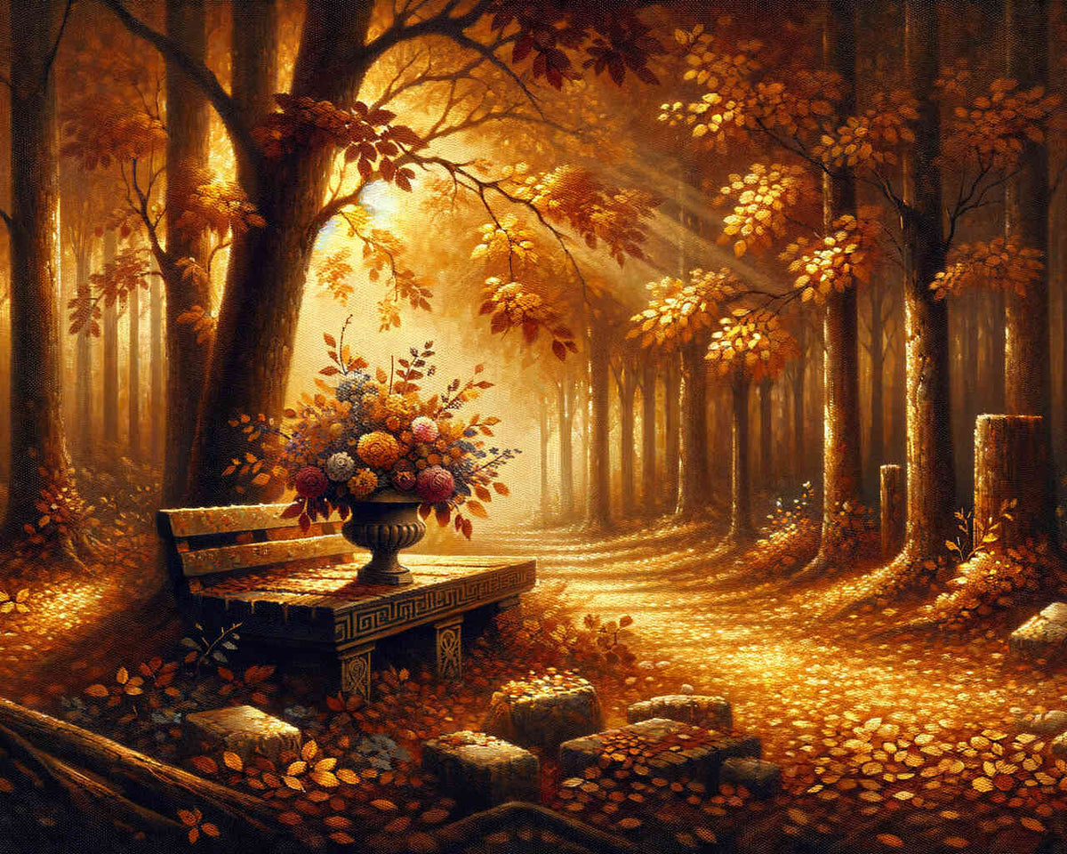 Herbst, Bank im Wald – Malen nach Zahlen