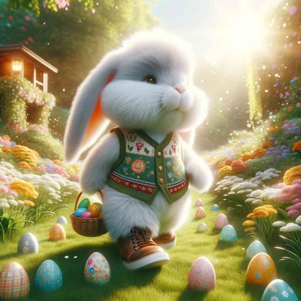 Cute bunny in a floral vest carrying a basket of Easter eggs in a sunlit garden on Easter morning.