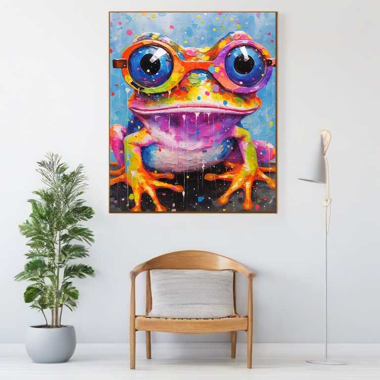 Malen nach Zahlen - Farbenfroher Frosch mit Brillenaugen Kunstwerk im modernen Wohnraum