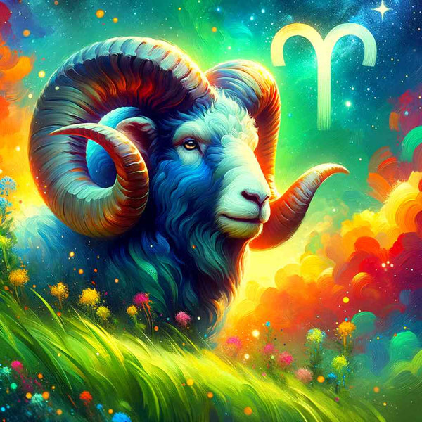 Painting of Aries zodiac sign ram with colorful background, part of Malen nach Zahlen series for relaxation and creativity.