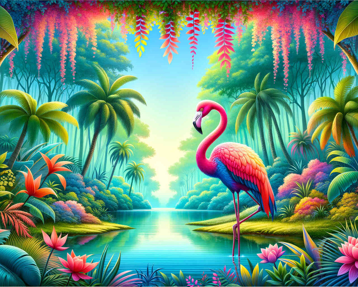 Gemälde "Flamingo-Paradies" mit pinkem Flamingo, umgeben von üppigem Dschungel und klarer Wasserspiegelung, harmonische Farben in Pink und Grün
