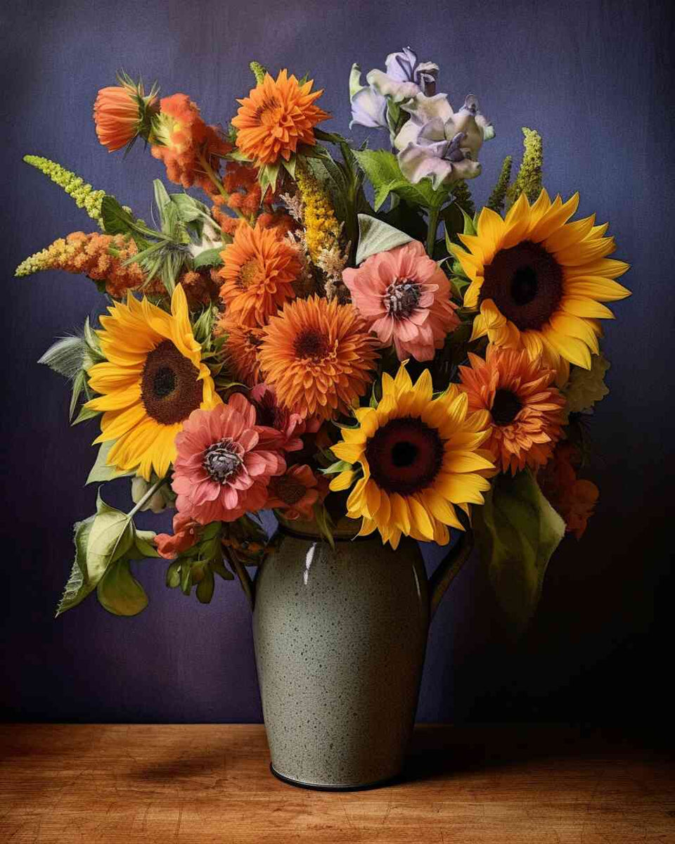 Malen nach Zahlen - Sommerglanz: Bunter Blumenstrauß mit Sonnenblumen und orangenen Blüten vor dunkelblauem Hintergrund in realistischer Darstellungsweise