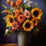 Malen nach Zahlen - Sommerglanz: Bunter Blumenstrauß mit Sonnenblumen und orangenen Blüten vor dunkelblauem Hintergrund in realistischer Darstellungsweise