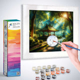 Painting by numbers kit featuring a mysterious forest sanctuary scene with numbered paint pots and brush.