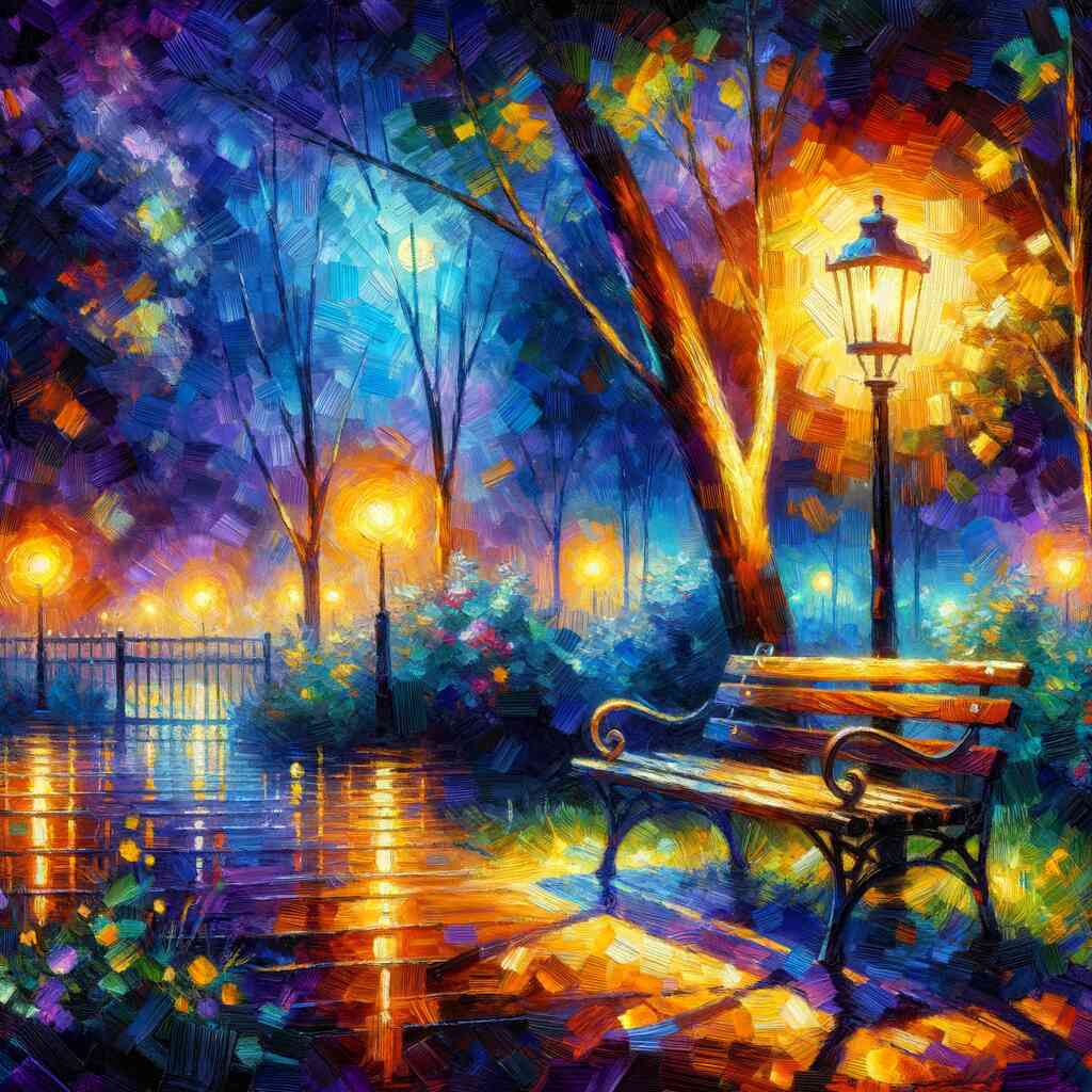 Painting by numbers scene with a glowing streetlamp, bench, and colorful lights in a vibrant park setting.