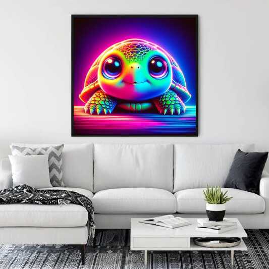 Modern living room with neon painting of colorful turtle hanging on the wall above a white sofa.
