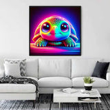 Modern living room with neon painting of colorful turtle hanging on the wall above a white sofa.