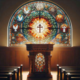 Stained glass window in church interior with ornate altar, part of Malen nach Zahlen painting set.