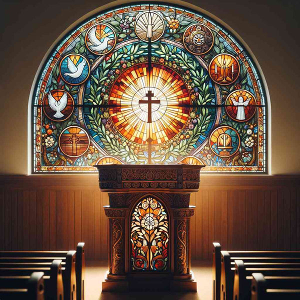 Stained glass window in church interior with ornate altar, part of Malen nach Zahlen painting set.