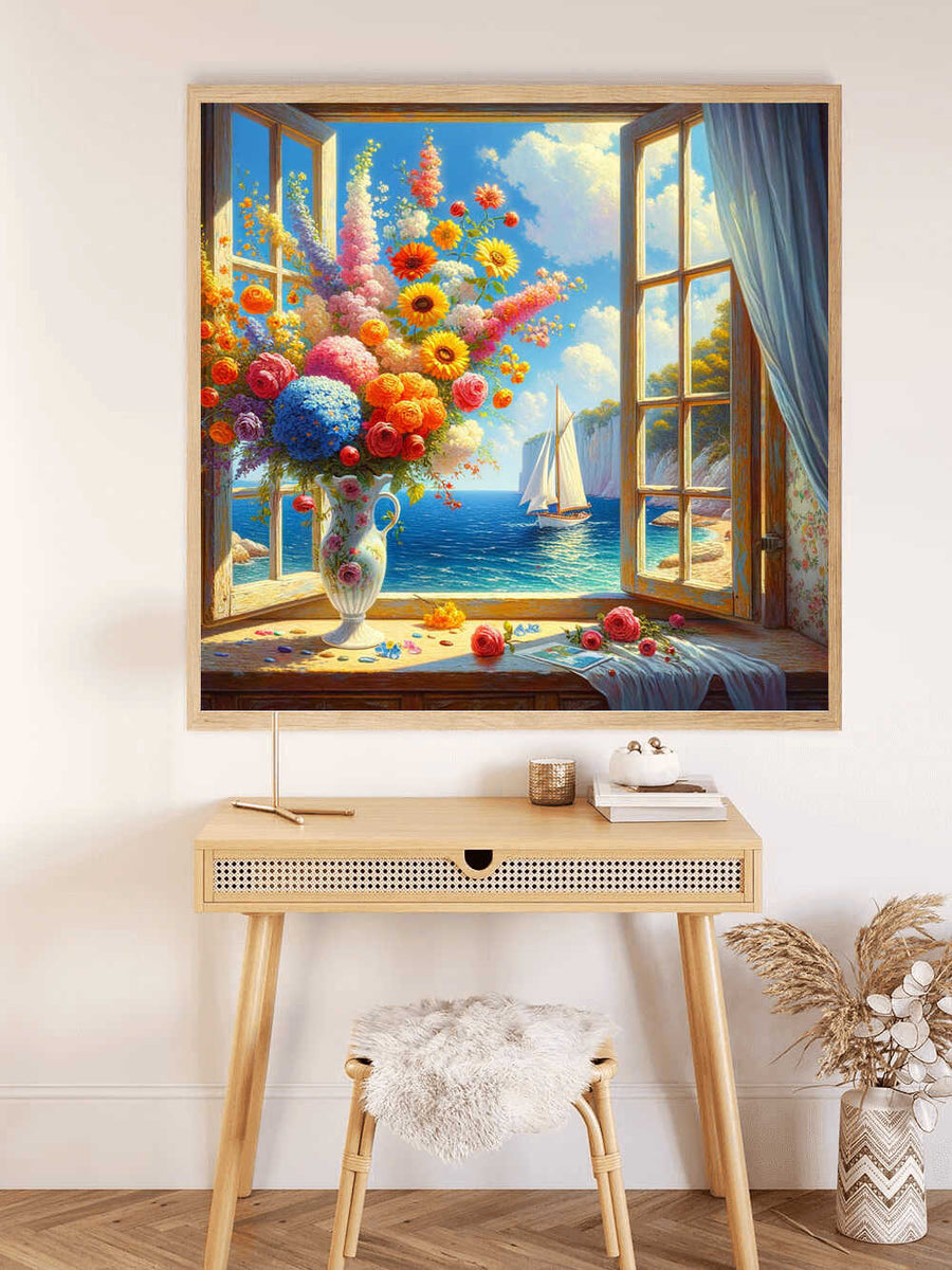 "Malen nach Zahlen Fensterblick zum Paradies - Buntes Blumenarrangement und Segelboote durch offenes Fenster auf Leinwand"