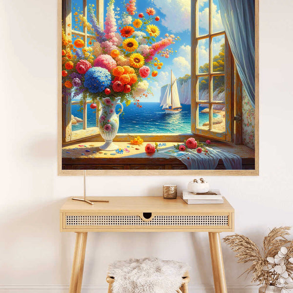"Malen nach Zahlen Fensterblick zum Paradies - Buntes Blumenarrangement und Segelboote durch offenes Fenster auf Leinwand"