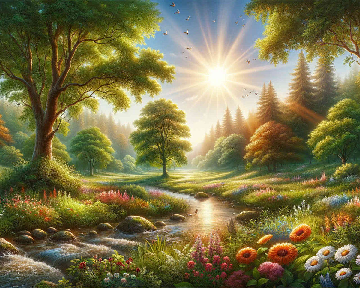 Malen nach Zahlen - Lichtung der Erleuchtung, impressionistisches Gemälde einer sonnendurchfluteten Waldlichtung mit Bach und Blumen.