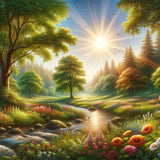 Malen nach Zahlen - Lichtung der Erleuchtung, impressionistisches Gemälde einer sonnendurchfluteten Waldlichtung mit Bach und Blumen.