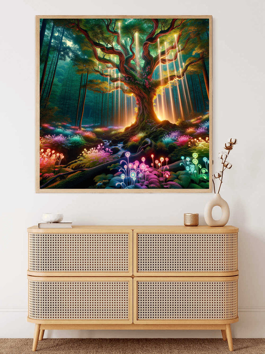 Painting by numbers of a magical forest with a glowing tree and colorful mushrooms in a cozy room display