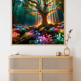 Painting by numbers of a magical forest with a glowing tree and colorful mushrooms in a cozy room display