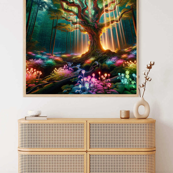 Painting by numbers of a magical forest with a glowing tree and colorful mushrooms in a cozy room display