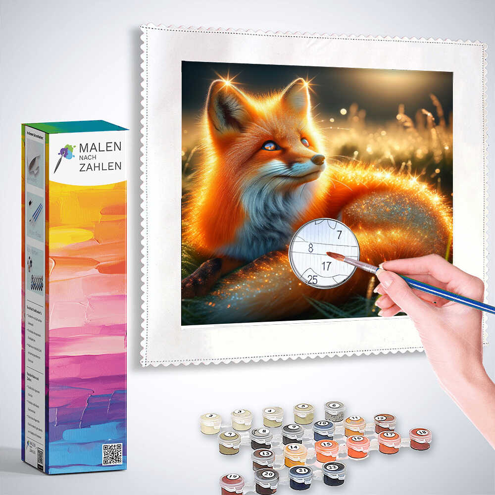 Painting by numbers kit "Funkelnde Träume vom Fuchs" with a vibrant fox, paintbrush, and color paints.