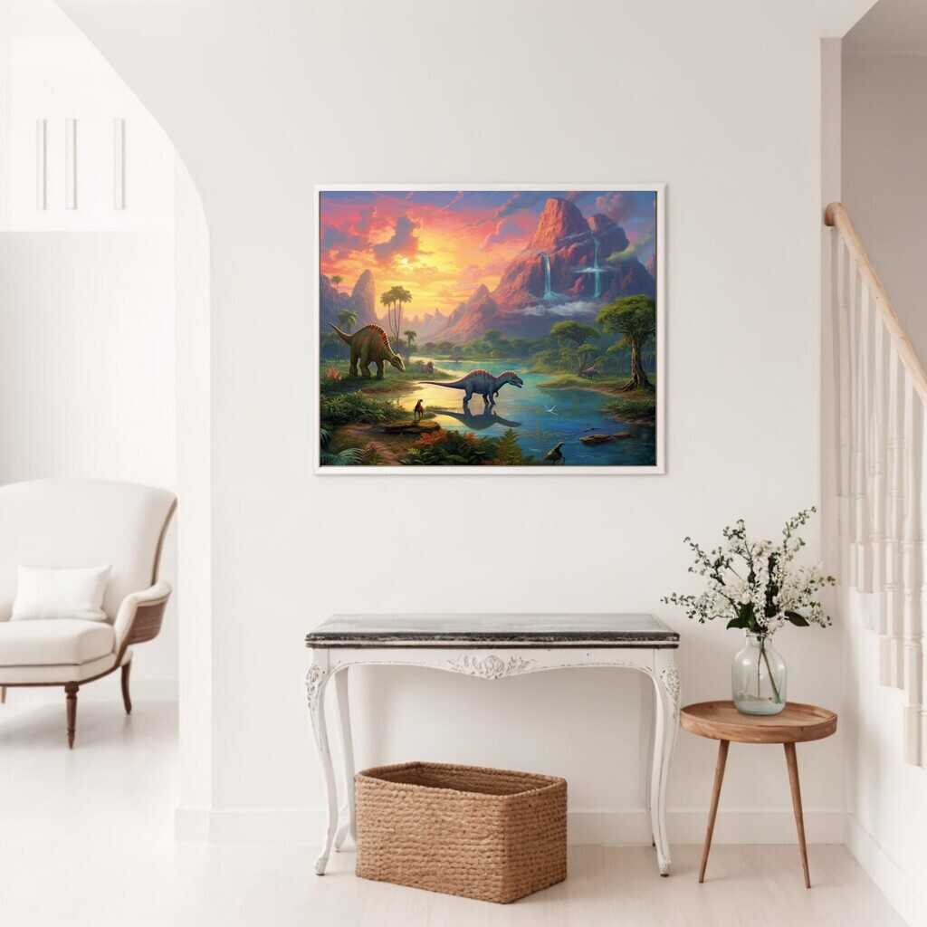 Malen nach Zahlen Kunstwerk "Echos der Urzeit" an Wand, Dinosaurier bei Sonnenuntergang vor Wasserfällen und Bergen