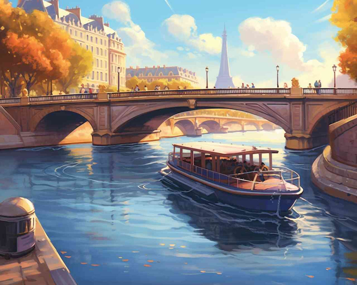 Malen nach Zahlen - Pariser Herbstzauber; impressionist scene of a boat on the Seine, historic bridge, Eiffel Tower, autumn colors.