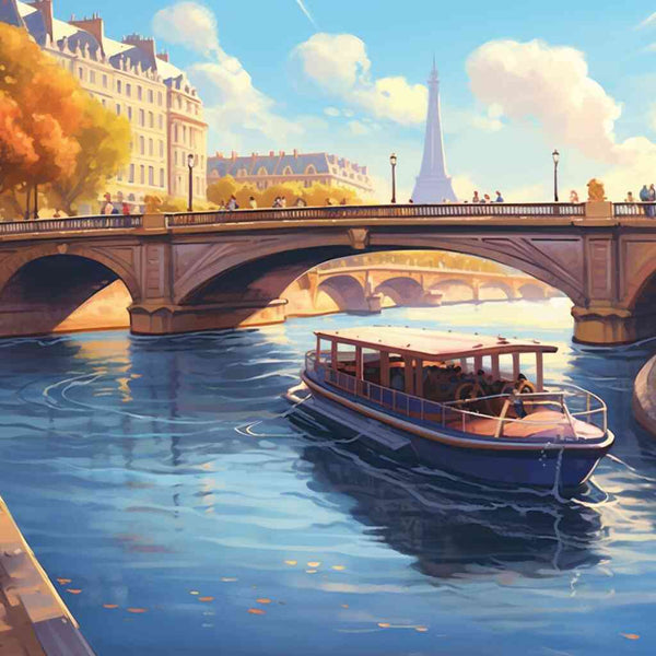 Malen nach Zahlen - Pariser Herbstzauber; impressionist scene of a boat on the Seine, historic bridge, Eiffel Tower, autumn colors.