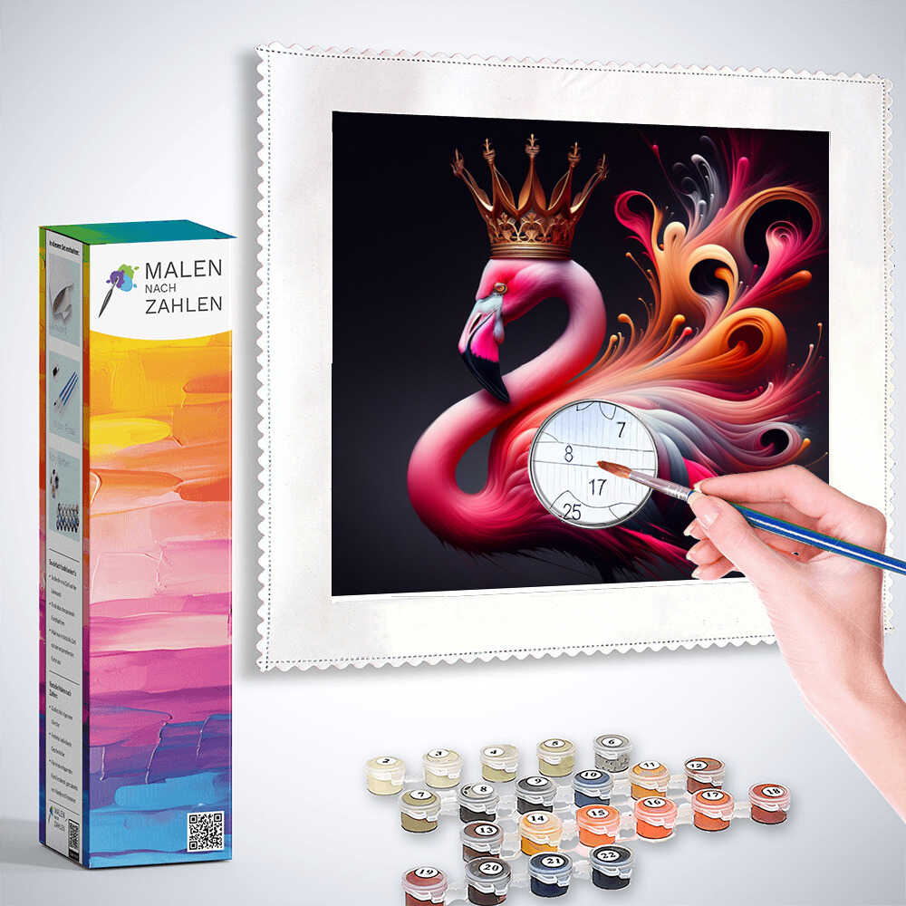 Painting by numbers kit "Königlicher Flamingo" showing a hand painting a regal flamingo with a crown, next to paint containers and a box