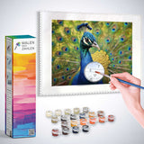 Malen nach Zahlen Set für Pfauenpracht im Porträt, lebendige Farben und Detailgenauigkeit, kreatives Kunstprojekt mit exotischer Pfauenabbildung