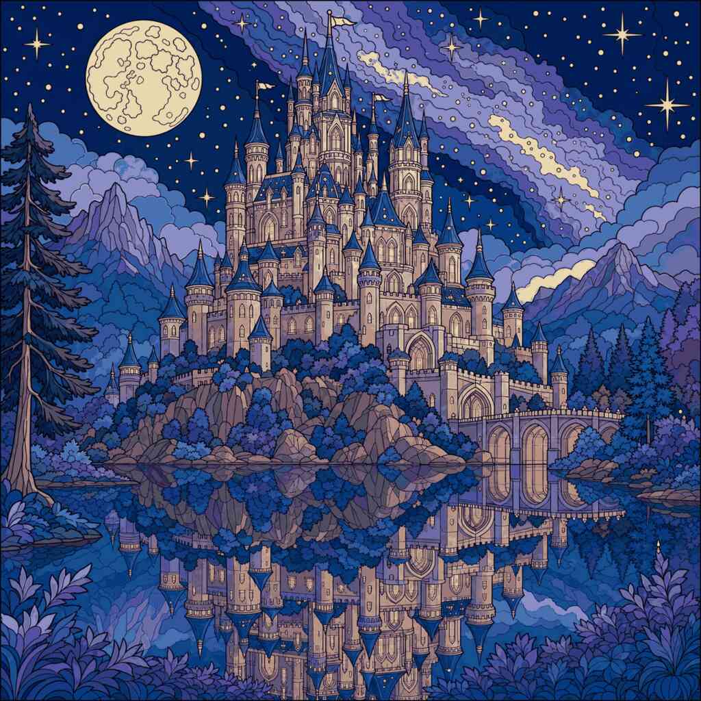 Malen nach Zahlen - Das Märchenschloss bei Vollmond