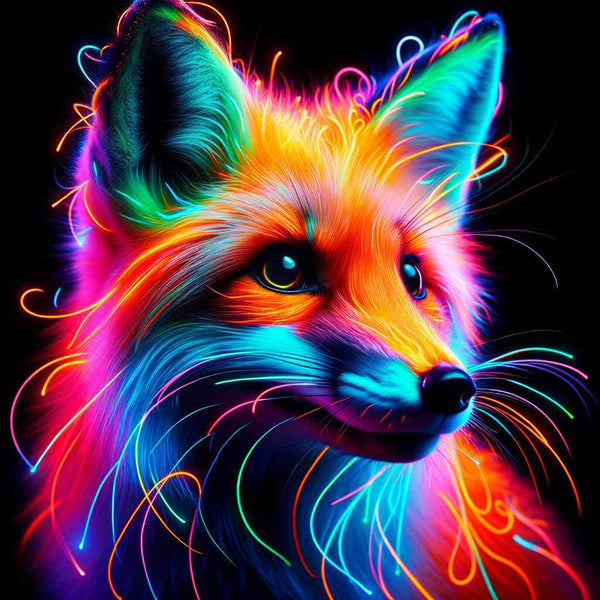 Vibrant fox painting with neon colors from Malen nach Zahlen - Farbenrausch des Fuchses collection, relaxing painting activity.